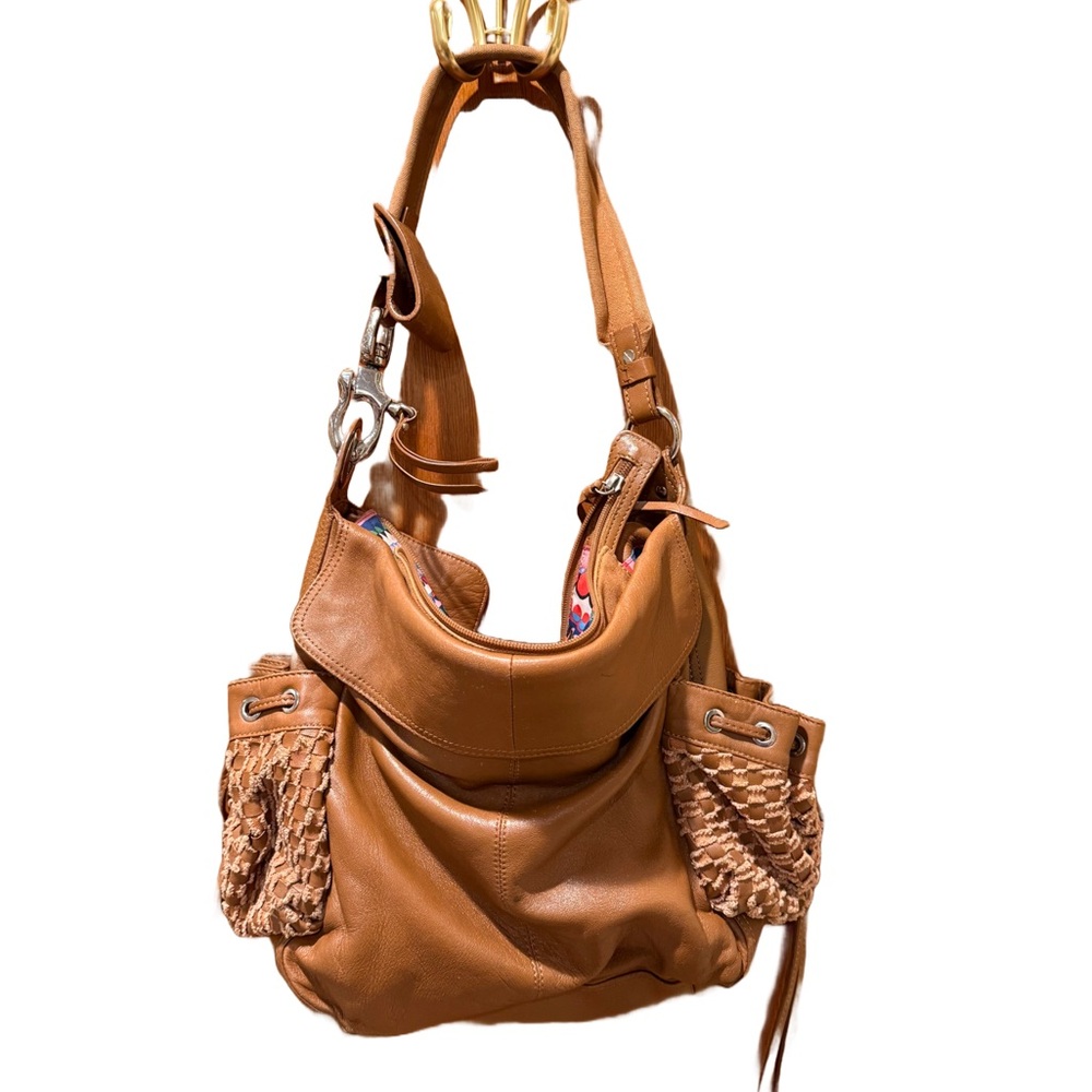 Francesco Biasia Tan Hobo Bag with Distressed Leather and Metallic Accents
